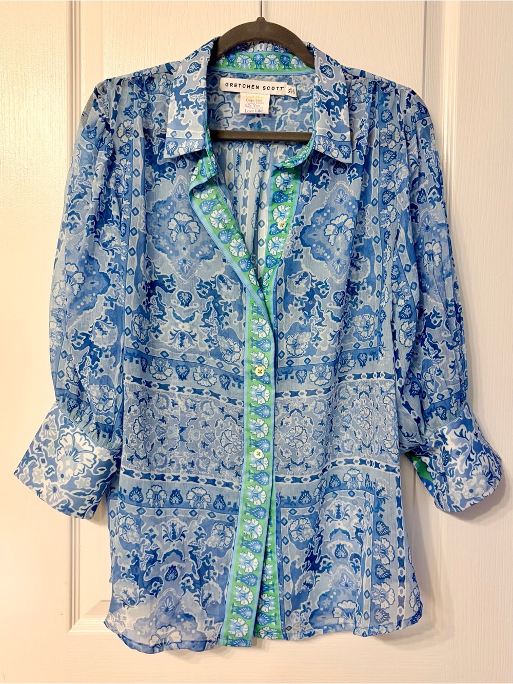 Gretchen Scott Designs Blue Floral Button-Down with Green Trim - Picture 2 of 7